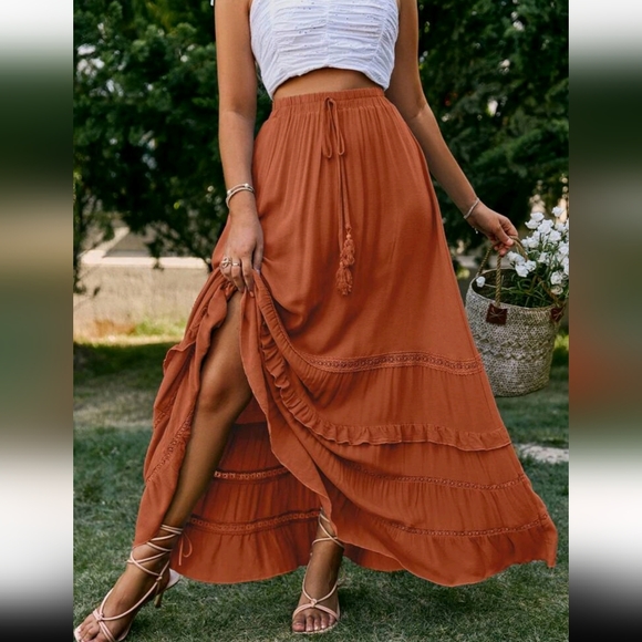 New Boho Flowy Ruffle Lace Long Skirt Red Rust Orange - Picture 5 of 7